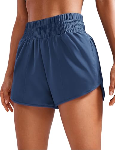 PINSPARK Damen Sport Shorts High Waist Laufshorts 2 in 1 Kurze Sporthose Laufen Yoga Fitness Jogging Trainingshose mit Reißverschlusstasche Tiefseeblau L von PINSPARK