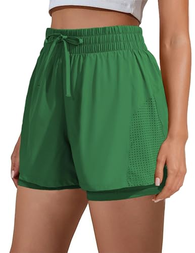 PINSPARK Damen Sporthose Kurze Laufhose High Waist Sport Shorts Atmungsaktiv Fitness Runningshorts mit Handytaschen Gym Sportshorts 2 in 1 Radlerhose Grün S von PINSPARK