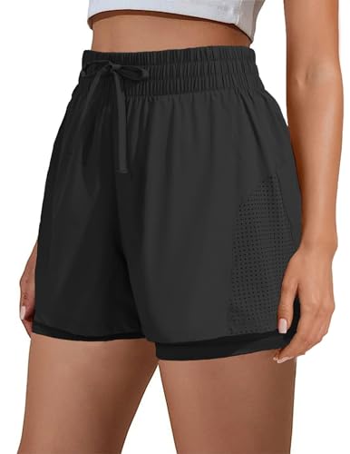 PINSPARK Damen Sporthose Kurze Laufhose High Waist Sport Shorts Atmungsaktiv Fitness Runningshorts mit Handytaschen Gym Sportshorts 2 in 1 Radlerhose Schwarz M von PINSPARK