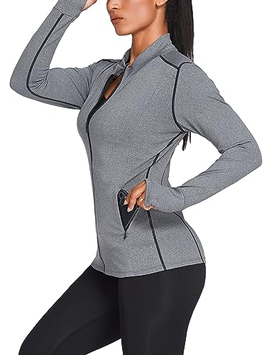 PINSPARK Damen Sportjacke Trainningsjack Langarm definieren Jacke Full Zip Fitness Yoga Langarmshirts Thermo Fleecejacke Warm Hellgrau XXL von PINSPARK