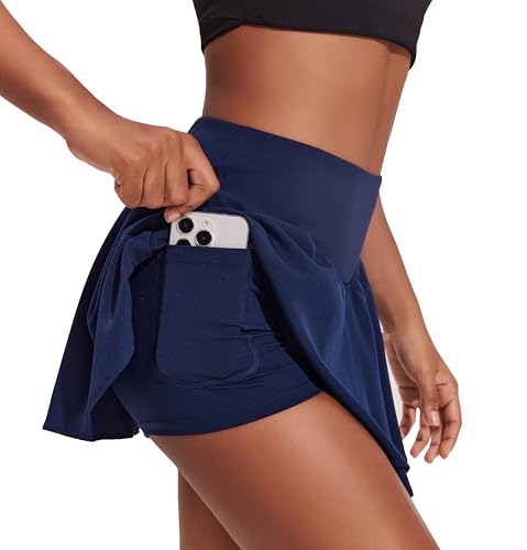 PINSPARK Damen Tennis Skirt Hohe Taille Tennis Skort mit Taschen Lässig Laufen Sport Minirock Bequem Atmungsaktiver Knielanger Sommerrock Marineblau L von PINSPARK