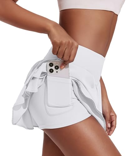 PINSPARK Damen Tennis Skirt Hohe Taille Tennis Skort mit Taschen Lässig Laufen Sport Minirock Bequem Atmungsaktiver Knielanger Sommerrock Weiß L von PINSPARK