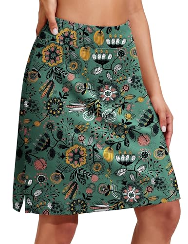 PINSPARK Damen Tennisrock Hohe Taille Golfrock mit Innenhose Knielanger Hosenrock Sportrock mit Taschen Wandern Laufen Radfahren Grünes Schleierkraut S von PINSPARK