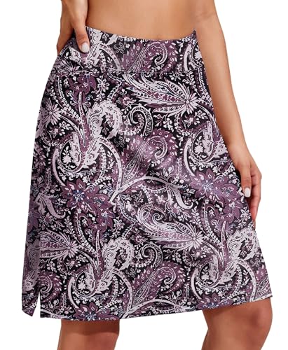 PINSPARK Damen Tennisrock Hohe Taille Golfrock mit Innenhose Knielanger Hosenrock Sportrock mit Taschen Wandern Laufen Radfahren Lila Paisley S von PINSPARK