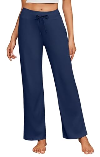 PINSPARK Damen Jogginghose High Waist Sporthose Weites Bein Sweatpants Elastischem Bund Yogahose Lang Trainingshose Fitness Sweathose Baggy Freizeithose mit Taschen Dunkles Marineblau L von PINSPARK