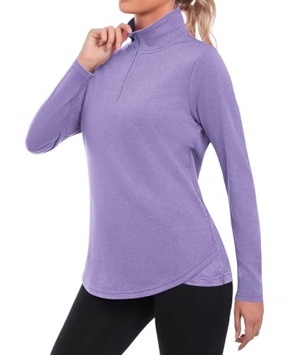PINSPARK Funktionsshirt Damen Schnelltrocknend Sport Shirts Herbst Leicht Laufshirt UPF 50+ UV Shirt Outdoor Wandern Trekking Langarmshirt mit 1/4 Reißverschluss Lila l von PINSPARK