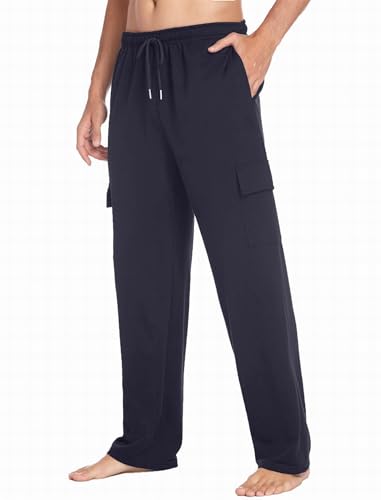 PINSPARK Herren Chino Cargo Hose Lang Jogginghose Atmungsaktiv Trainingshose Leichte Sporthose Casual Freizeithose Weites Bein mit Kordelzug Sweatpants Navy blau S von PINSPARK