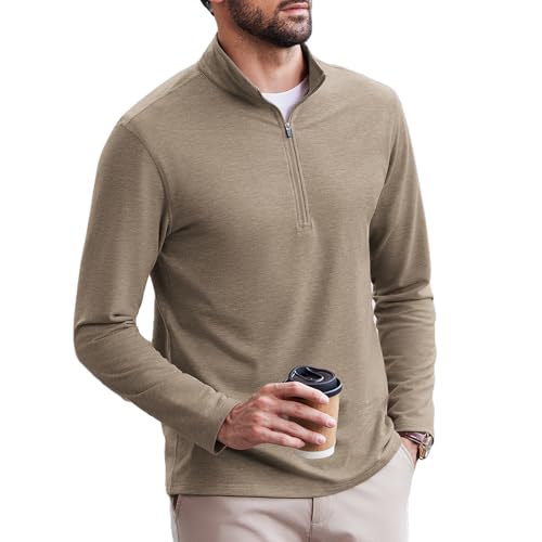 PINSPARK Sweatshirt Herren Ohne Kapuze Pullover Langarm Funktionsshirt Frühling Basic Langarmshirts 1/4 Zip Laufshirt Atmungsaktiv Fitness Wandershirt Khaki XL von PINSPARK