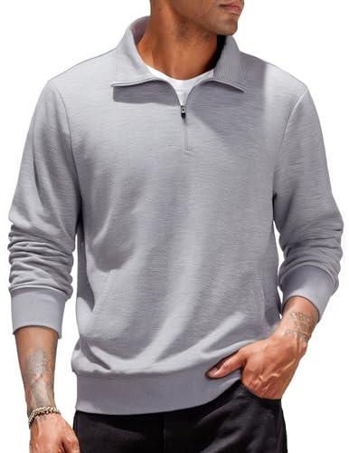 PINSPARK Herren Sweatshirt Pullover mit Reißverschluss Langarmshirts Rippbündchen Sweater Langarm Pulli Casual Oberteile Polo Shirt Herbst Winter Hellgrau XXL von PINSPARK