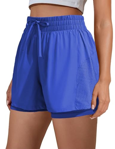 PINSPARK Hose Damen Kurze Shorts Sommer Hosen 2 in 1 Laufhose Kurz Sporthose Trainingshose Fitness Running Yoga Jogging Beiläufige Elastisch Schnelltrocknend Königsblau XS von PINSPARK