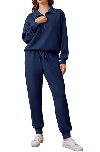 PINSPARK Jogginganzug Damen Set Trainingsanzug Halber Reißverschluss Zweiteiler Tracksuit Langarm Outfit Freizeitanzug Einfarbig Jogger Sportanzug Marineblau L von PINSPARK