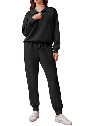 PINSPARK Jogginganzug Damen Set Trainingsanzug Halber Reißverschluss Zweiteiler Tracksuit Langarm Outfit Freizeitanzug Einfarbig Jogger Sportanzug Schwarz L von PINSPARK
