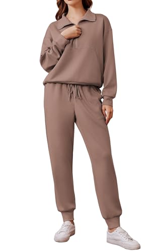 PINSPARK Jogginganzug Damen Set Trainingsanzug Halber Reißverschluss Zweiteiler Tracksuit Langarm Outfit Freizeitanzug Einfarbig Jogger Sportanzug Taupetastisch L von PINSPARK