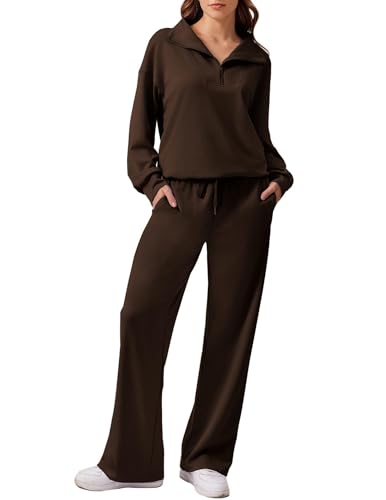 PINSPARK Jogginganzug Damen Trainingsanzüge Jogginghose mit Kordelzug und Halbem Reißverschluss Langarm Sporttop Zweiteiler Outfit Jogger Tracksuit Set für Gym Braun M von PINSPARK