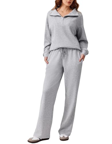 PINSPARK Jogginganzug Damen Trainingsanzüge Jogginghose mit Kordelzug und Halbem Reißverschluss Langarm Sporttop Zweiteiler Outfit Jogger Tracksuit Set für Gym Hellgrau XXL von PINSPARK