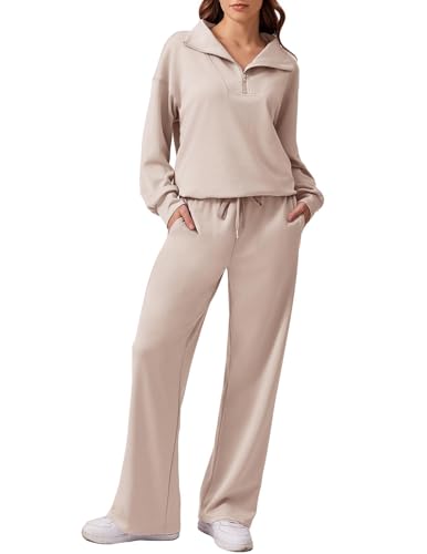 PINSPARK Jogginganzug Damen Trainingsanzüge Jogginghose mit Kordelzug und Halbem Reißverschluss Langarm Sporttop Zweiteiler Outfit Jogger Tracksuit Set für Gym Khaki S von PINSPARK