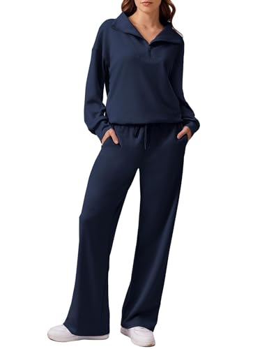 PINSPARK Jogginganzug Damen Zweiteilig Trainingsanzüge 1/2 Reißverschluss Sweatsuit und Jogginghose mit 2 Taschen Frauen Einfarbig Hausanzug Streatwear Sportanzug Blau L von PINSPARK