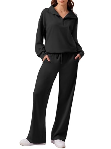 PINSPARK Jogginganzug Damen Zweiteilig Trainingsanzüge 1/2 Reißverschluss Sweatsuit und Jogginghose mit 2 Taschen Frauen Einfarbig Hausanzug Streatwear Sportanzug Schwarz S von PINSPARK