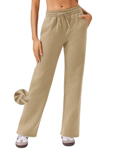 PINSPARK Jogginghose Damen Freizeithose High Waist Trainingshose Fleece Sporthose Lang Freizeithose Bequem Yogahose Warme Sweatpants Weites Bein mit Taschen Khaki XL von PINSPARK