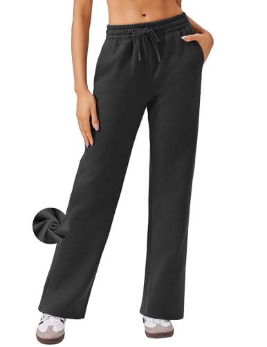 PINSPARK Jogginghose Damen Freizeithose High Waist Trainingshose Fleece Sporthose Lang Freizeithose Bequem Yogahose Warme Sweatpants Weites Bein mit Taschen Schwarz M von PINSPARK