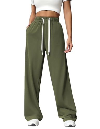 PINSPARK Jogginghose Damen Sporthose Lang Baggy Traininghose High Waist Freizeithose Lockere Sweatpants mit Elastischem Bund Weites Gerades Bein Yoga Gym Hose Laufhosen Armeegrün S von PINSPARK