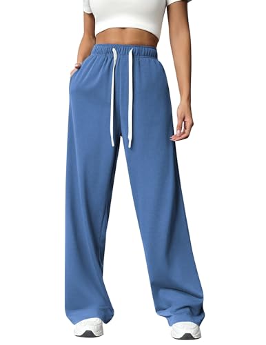 PINSPARK Jogginghose Damen Sporthose Lang Baggy Traininghose High Waist Freizeithose Lockere Sweatpants mit Elastischem Bund Weites Gerades Bein Yoga Gym Hose Laufhosen Blau M von PINSPARK