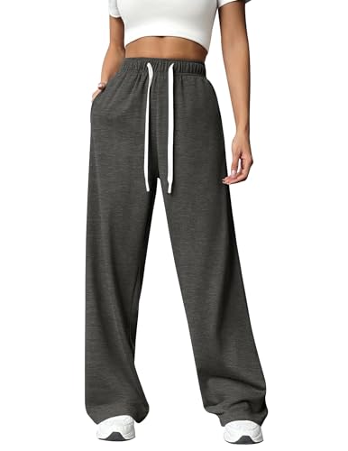 PINSPARK Jogginghose Damen Sporthose Lang Baggy Traininghose High Waist Freizeithose Lockere Sweatpants mit Elastischem Bund Weites Gerades Bein Yoga Gym Hose Laufhosen Dunkelgrau M von PINSPARK