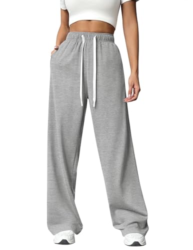 PINSPARK Jogginghose Damen Sporthose Lang Baggy Traininghose High Waist Freizeithose Lockere Sweatpants mit Elastischem Bund Weites Gerades Bein Yoga Gym Hose Laufhosen Hellgrau XL von PINSPARK