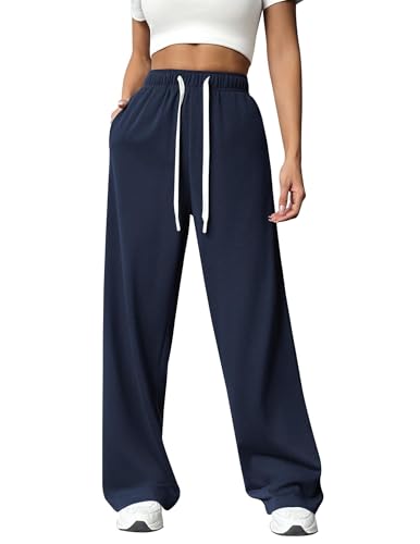 PINSPARK Jogginghose Damen Sporthose Lang Baggy Traininghose High Waist Freizeithose Lockere Sweatpants mit Elastischem Bund Weites Gerades Bein Yoga Gym Hose Laufhosen Navy Blau S von PINSPARK