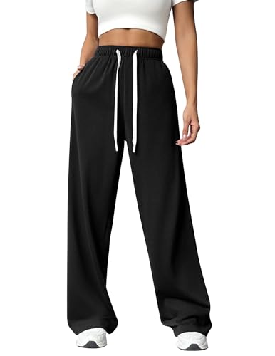 PINSPARK Jogginghose Damen Sporthose Lang Baggy Traininghose High Waist Freizeithose Lockere Sweatpants mit Elastischem Bund Weites Gerades Bein Yoga Gym Hose Laufhosen Schwarz XL von PINSPARK
