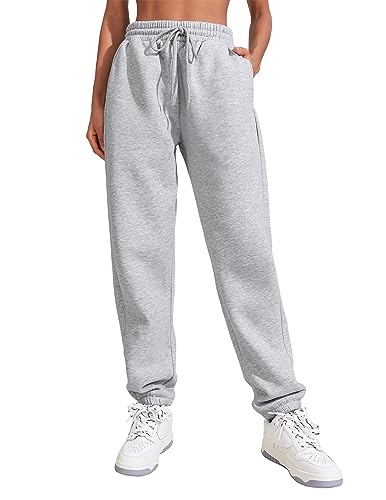 PINSPARK Jogginghose Damen Sporthose Lang Baumwolle Sweatpants Slim Fit Freizeithose Lang Trainingsanzug Hosen Sweathose mit Taschen Hellgrau L von PINSPARK