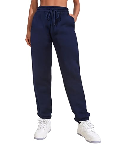 PINSPARK Jogginghose Damen Sporthose Lang Baumwolle Sweatpants Slim Fit Freizeithose Lang Trainingsanzug Hosen Sweathose mit Taschen Navy Blau L von PINSPARK