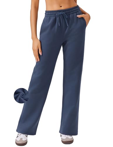 PINSPARK Jogginghose Damen Sporthose Lang Warme Traininghose Gefütterte Freizeithose Fleece Sweatpants Laufhosen mit Elastischem Bund Yoga Hose Gerades Bein Blau M von PINSPARK