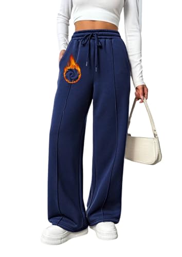 PINSPARK Jogginghose Damen Warme Gefütterte Trainingshose mit Elastischem Bund Yogahose Joggpants Fitness Sweathose Baggy Freizeithose Winter Fleece Sporthose Dunkelblau XL von PINSPARK