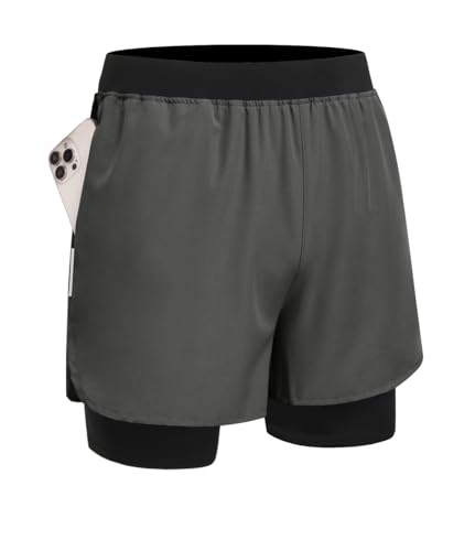 PINSPARK Jogginghose Herren Sport Shorts Outdoor 2 in 1 Sporthose Sommer Kurze Gym Laufhose Leicht Atmungsaktiv Trainingsshorts Fitness Wandern Hose Dunkelgrau XXL von PINSPARK