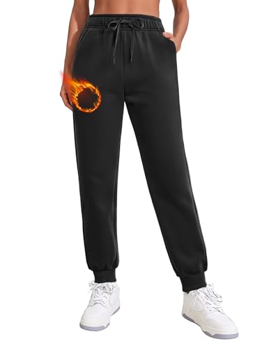PINSPARK Jogginghose Lang Damen Baumwolle Sporthose High Waist Fitness Trainingshose Fleece Sweatpants Baggy Freizeithose Wandern Yoga Sweathose M Schwarz von PINSPARK