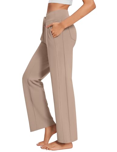 PINSPARK Jogginghose Yoga Hosen Damen Schlaghose Lang Sonnenschutz Sporthose Leggings Bauchkontrolle Freizeithose Outdoor Hosen mit 4 Taschen Fitness Weite Hose mit Gummizug Helles Teegrau S von PINSPARK