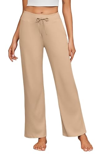 PINSPARK Jogginghose Damen Weites Bein Trainingshose mit Elastischem Bund Yogahose Fitness Sweathose Baggy Freizeithose High Waist Sporthose für für Jogging Sport Khaki XXL von PINSPARK