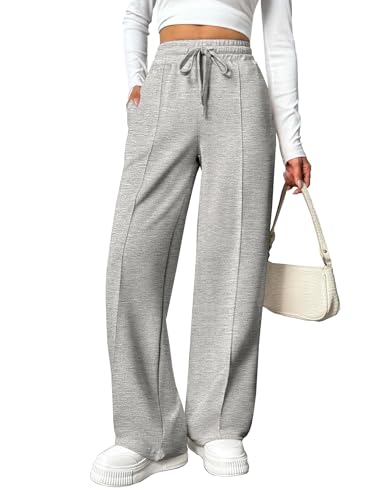 PINSPARK Damen Jogginghose High Waist Sporthose Weites Bein Sweatpants mit elastischem Bund Yogahose Trainingshose Fitness Sweathose Baggy Freizeithose mit Taschen Hellgrau M von PINSPARK