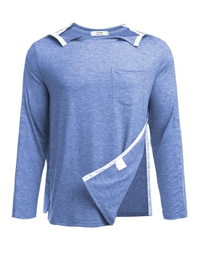 PINSPARK Langarmshirt Herren T-Shirts Laufshirts Atmungsaktiv Langarm Post Schulter Chirurgie Shirts Hemden nach Schulteroperationen Snap Open Tearaway Shirt Blau M von PINSPARK