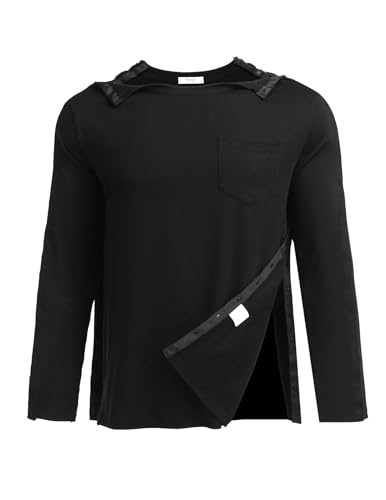 PINSPARK Langarmshirt Herren T-Shirts Laufshirts Atmungsaktiv Langarm Post Schulter Chirurgie Shirts Hemden nach Schulteroperationen Snap Open Tearaway Shirt Schwarz XL von PINSPARK