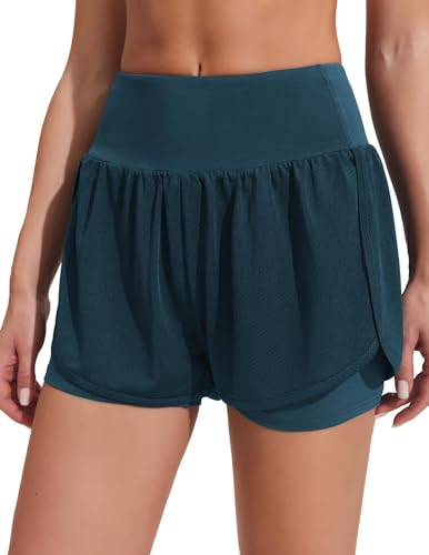 PINSPARK Laufhose Damen Kurz Sporthose mit Reißverschlusstasche Sport Shorts Elastisch Schnelltrocknende Running Shorts für Fitness Joggen Gym Training Dunkelblau M von PINSPARK