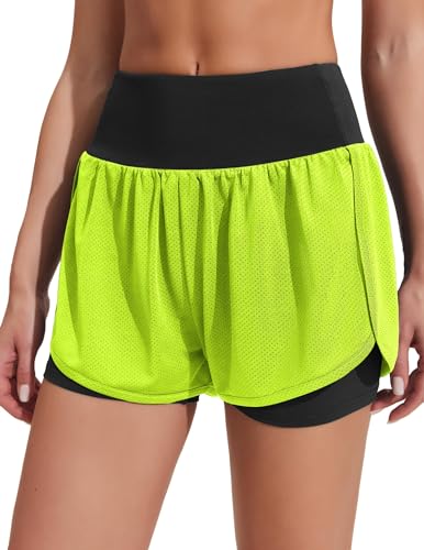 PINSPARK Laufhose Damen Kurz Sporthose mit Reißverschlusstasche Sport Shorts Elastisch Schnelltrocknende Running Shorts für Fitness Joggen Gym Training Neongrün M von PINSPARK