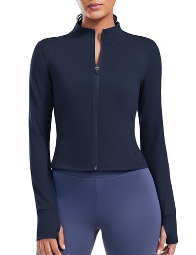 PINSPARK Laufjacke Damen Kurze Sportjacke Langarm Trainingsjacke Yoga Jacke Fitness Sweatjacke Reißverschlusstaschen mit Daumenlöchern Blau L von PINSPARK