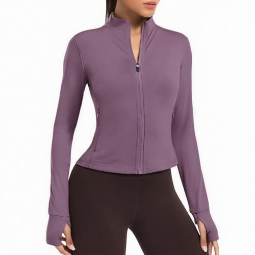 PINSPARK Laufjacke Damen Kurze Sportjacke Langarm Trainingsjacke Yoga Jacke Fitness Sweatjacke Reißverschlusstaschen mit Daumenlöchern Lila XXL von PINSPARK