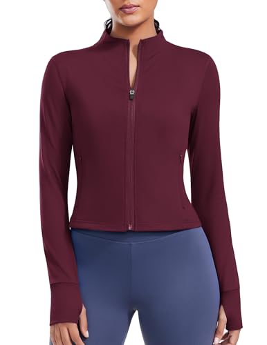 PINSPARK Laufjacke Damen Kurze Sportjacke Langarm Trainingsjacke Yoga Jacke Fitness Sweatjacke Reißverschlusstaschen mit Daumenlöchern Rot S von PINSPARK
