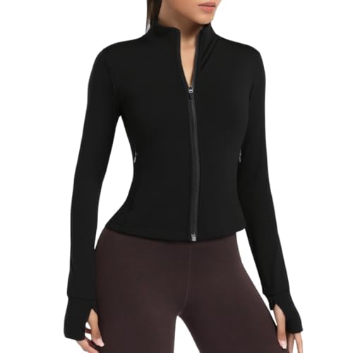 PINSPARK Laufjacke Damen Kurze Sportjacke Langarm Trainingsjacke Yoga Jacke Fitness Sweatjacke Reißverschlusstaschen mit Daumenlöchern Schwarz M von PINSPARK