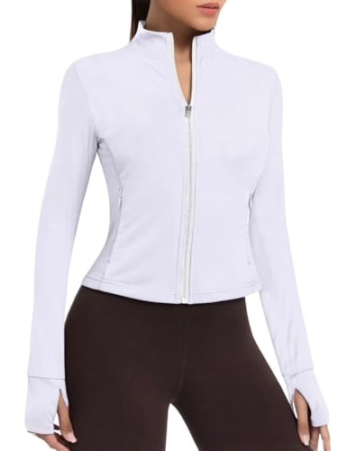 PINSPARK Laufjacke Damen Kurze Sportjacke Langarm Trainingsjacke Yoga Jacke Fitness Sweatjacke Reißverschlusstaschen mit Daumenlöchern Weiß XXL von PINSPARK