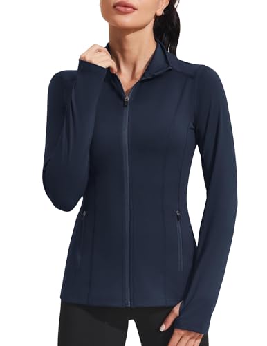 PINSPARK Laufjacke Damen Sportjacke Fitness Yoga Jacke Langarm definieren Jacke mit Daumenloch für Fitness Trainingjacke Navy Blau XXL von PINSPARK