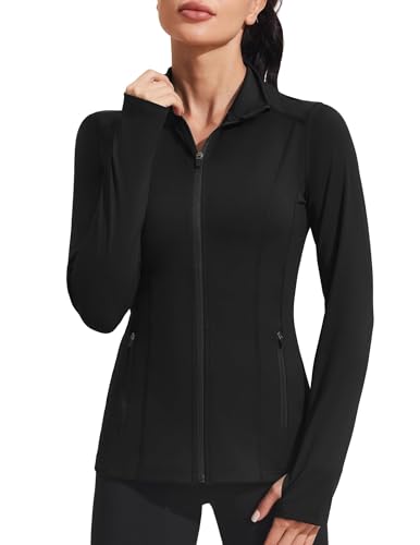 PINSPARK Laufjacke Damen Sportjacke Langarm Gym Tops Yoga Fitness Shirt Trainingsjacke Sweatjacke mit Tasche Für Fitness Sport Schwarz XXL von PINSPARK
